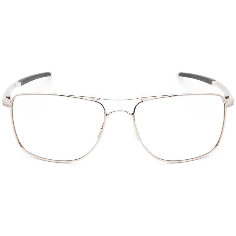 May include: Silver-toned rectangular eyeglasses with a thin metal frame and clear lenses.