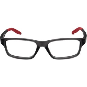 May include: Black rectangular eyeglasses with red rubber temple tips.