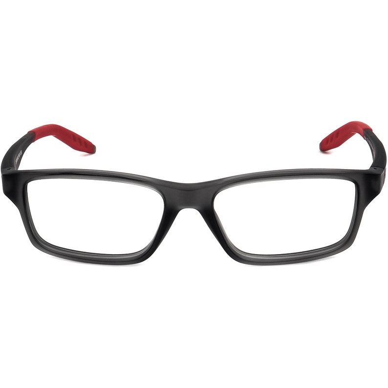 May include: Black rectangular eyeglasses with red rubber temple tips.