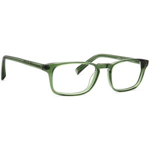 Op de afbeelding: Groene rechthoekige bril met heldere glazen. De monturen zijn van doorschijnende groene kleur. De veren hebben bedrukte tekst. De bril heeft een klassiek, modern design.