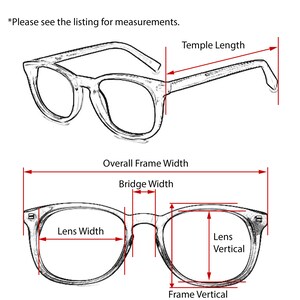May include: Line drawing of eyeglasses with measurements labeled for temple length, overall frame width, bridge width, lens width, lens vertical, and frame vertical.