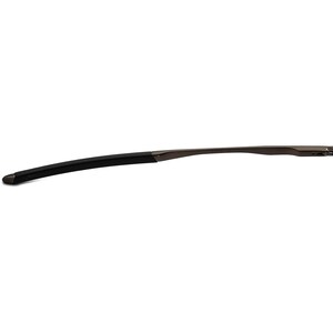 May include: A black metal and plastic eyeglass frame with a thin, curved arm.