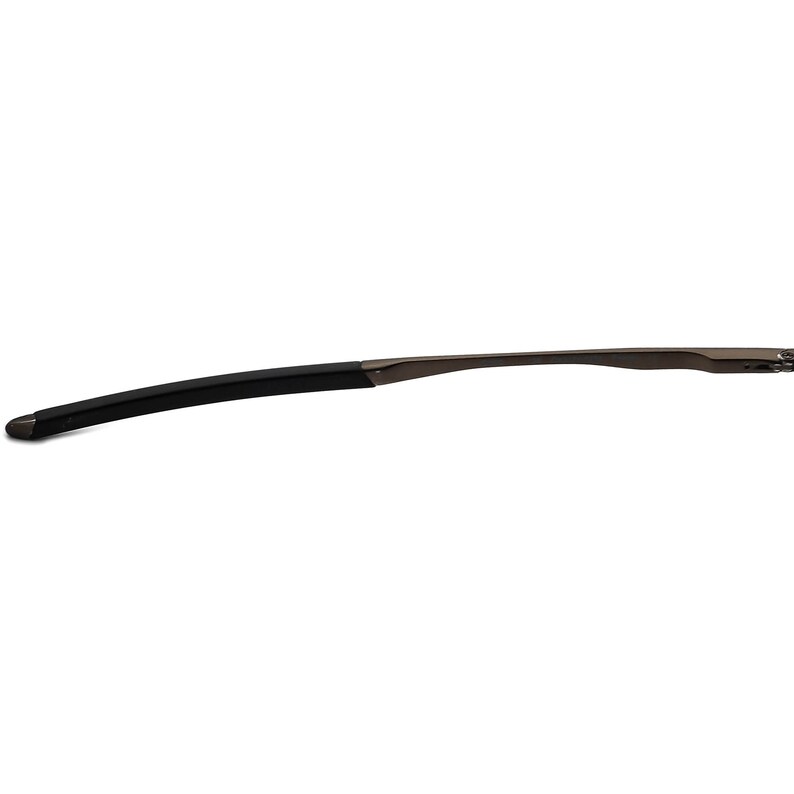 May include: A black metal and plastic eyeglass frame with a thin, curved arm.