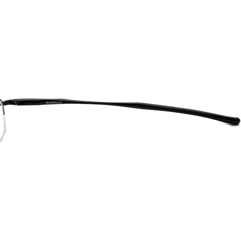 May include: Black eyeglasses with a thin, flexible frame and the word "CLUBFACE" printed on the side.