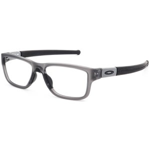 May include: Grey semi-rimless spectacles with black arms and a grey lens. The brand name "Oakley" is visible on the arm.