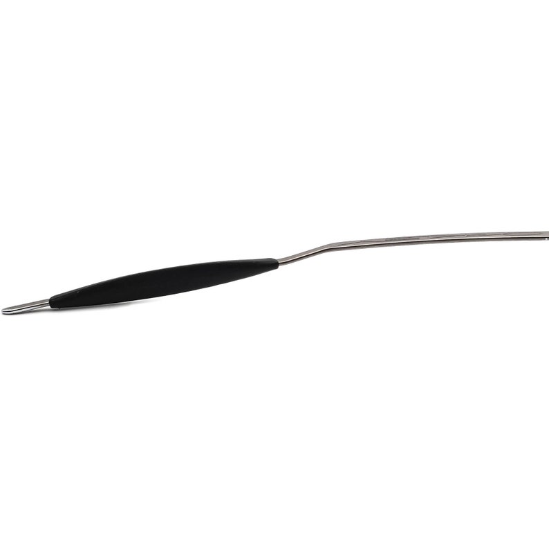 May include: A metal tool with a black handle. The tool has a curved, slender design with a pointed tip on one end and a rounded handle for grip. The tool is designed for precision work.