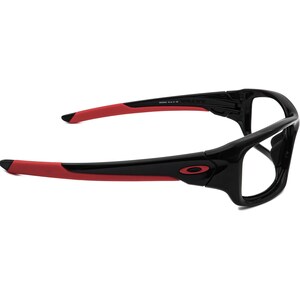 May include: Black and red sports glasses with a clear lens. The glasses have a black frame and red accents on the arms.