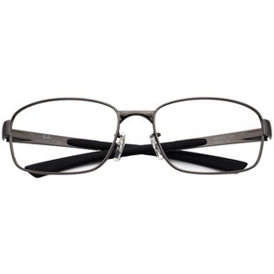 May include: Gunmetal Ray-Ban spectacles with a rectangular frame and clear lenses. The glasses have black temple arms and nose pads. The Ray-Ban logo is visible on the left temple. The model number is visible on the right temple.