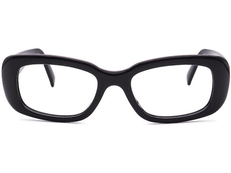 May include: Black rectangular eyeglasses with a thick frame.