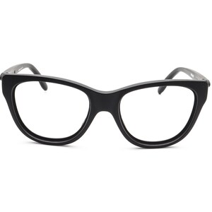 May include: Black cat-eye style eyeglasses with a thick frame. The glasses have a classic, retro design with a bold, angular shape. The lenses are clear, and the frame is a solid, matte black.