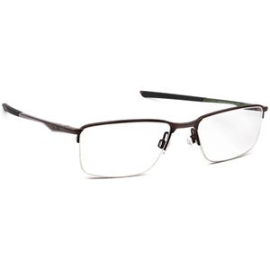 May include: A pair of eyeglasses with a dark brown metal frame and clear lenses. The glasses have a rectangular shape with a half-rim design. The temples are a darker color, and the overall style is modern and minimalist.