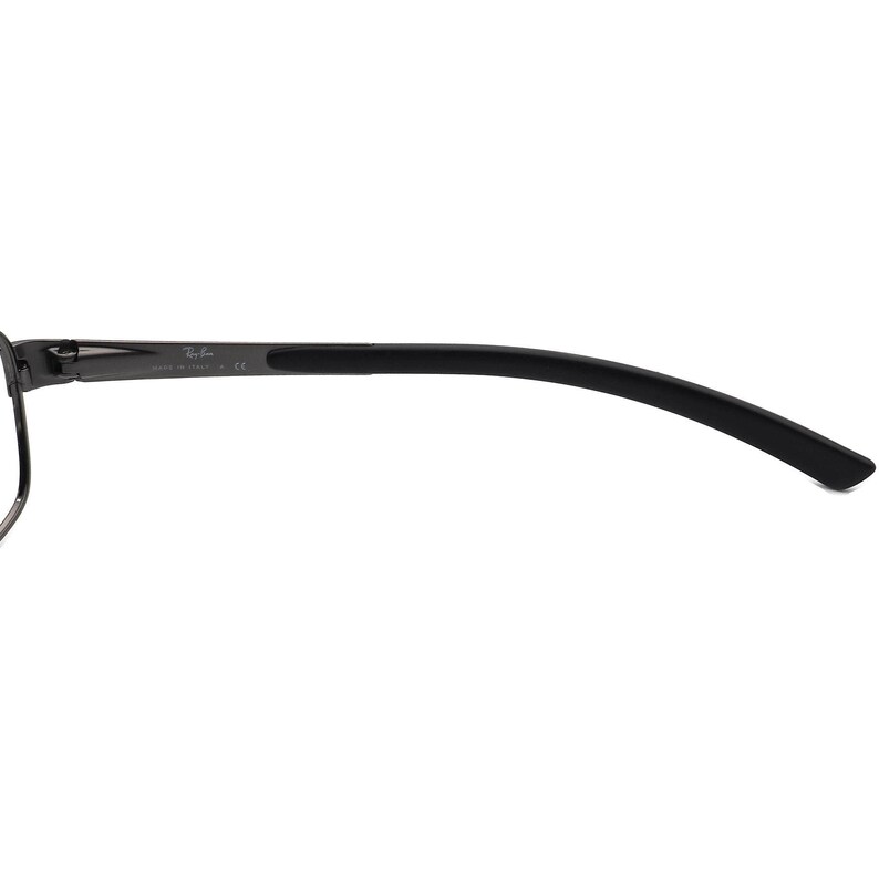 May include: Close-up of a black Ray-Ban eyeglass arm. The arm is curved and has a matte finish. The Ray-Ban logo and "MADE IN ITALY" text are visible on the arm.