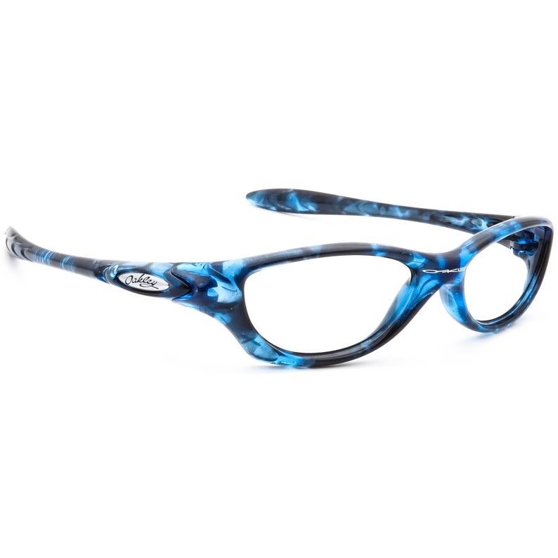 May include: Blue and black patterned Oakley sunglasses with clear lenses.