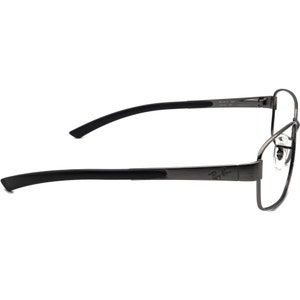 May include: Ray-Ban eyeglasses with a dark grey metal frame and black temples. The glasses have a rectangular lens shape and the Ray-Ban logo is visible on the temple. The design is sleek and modern.