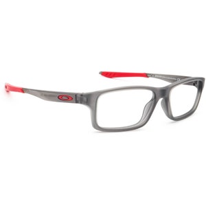 May include: Gray and red rectangular eyeglasses with clear lenses. The brand name "Oakley" is printed on the side of the frame.