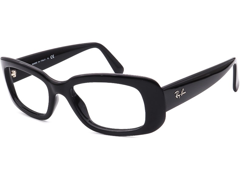 May include: Black rectangular frame eyeglasses with a Ray-Ban logo on the right temple.