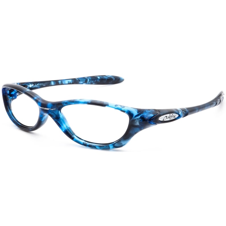 May include: Blue and black patterned plastic frame eyeglasses with the Oakley logo on the right temple.