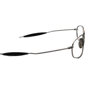 May include: A pair of eyeglasses with a silver metal frame and black earpieces. The glasses have a rectangular shape and are designed for vision correction. The image is a side view of the glasses.