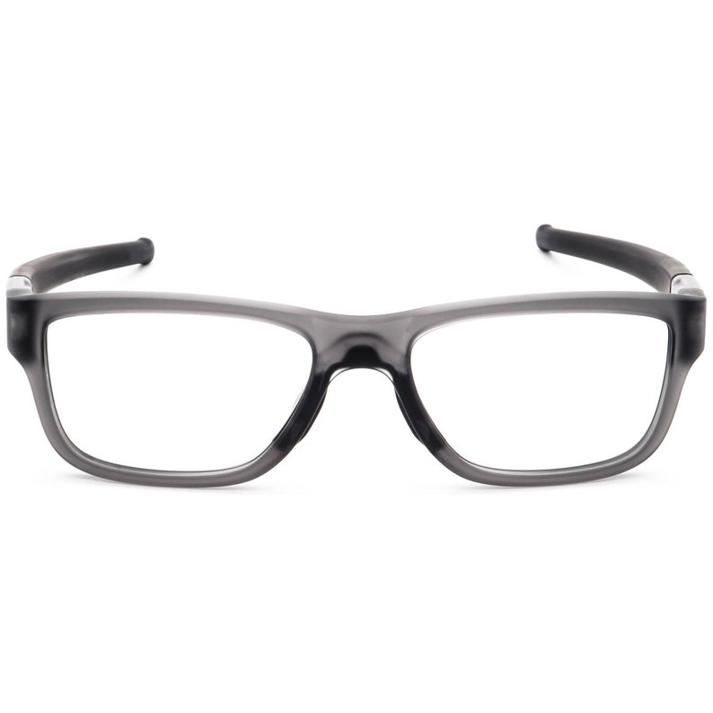 May include: Grey rectangular eyeglasses with a clear lens and a thin black frame.