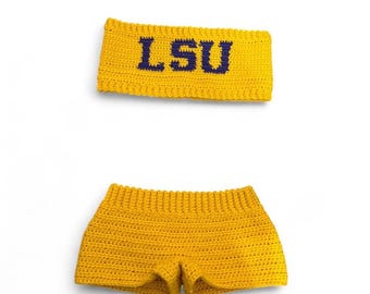 Purple and gold LSU crochet top with matching shorts
