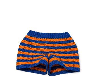 Handmade crochet orange and blue striped mid-rise shorts