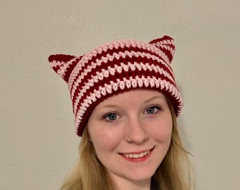 Cat ear beanie Handmade crochet striped hat