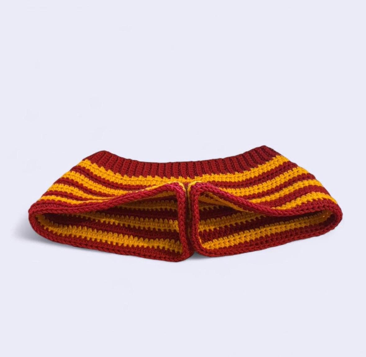 Handmade crochet red and gold low rise micro striped shorts