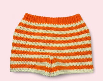 Handmade crochet orange and cream/ off-white high rise striped shorts