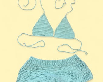 Light turquoise/ aqua crochet bikini top with matching shorts