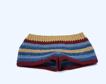Handmade Tan, dark red/burgandy, and blue micro Crochet Shorts low rise