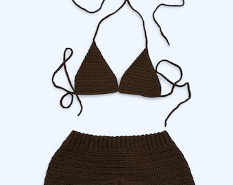 Brown crochet bikini top with matching low rise shorts