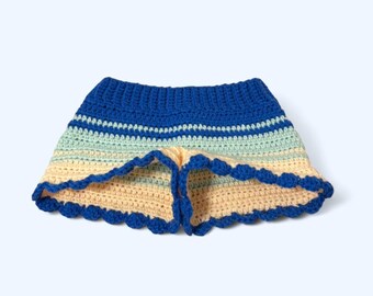 Handmade crochet blue multicolored low rise micro beach shorts