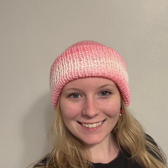 Pink and White Striped Reversible Beanie Knit Striped Hat - Etsy display picture 1