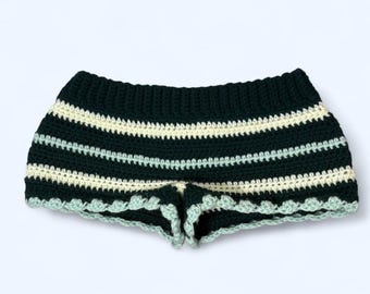 Handmade dark emerald green and white multicolored striped Crochet micro Shorts – Low Waisted