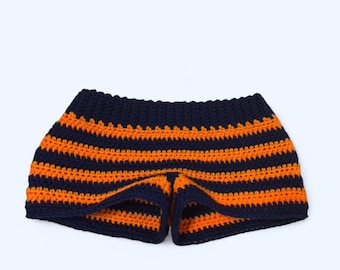 Handmade crochet orange and navy striped shorts
