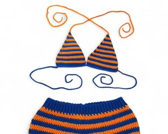Blue and orange striped crochet bikini top with matching shorts
