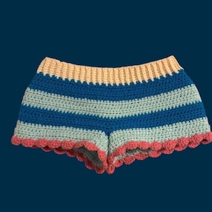 Handmade crochet blue multicolored low rise beach shorts