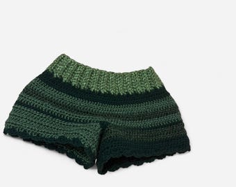 Handmade Green multicolored micro Crochet Shorts low rise