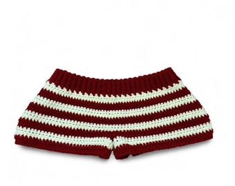 Handmade crochet red and white striped low rise micro shorts with a loose fit