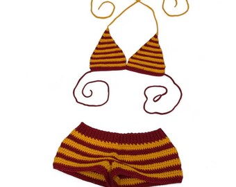 Red and gold striped crochet bikini top with matching shorts