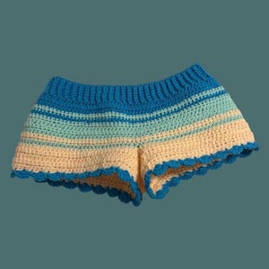 Handmade crochet blue multicolored low rise beach shorts