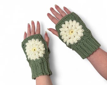 Green and white crochet daisy fingerless gloves