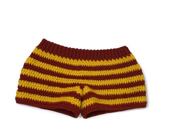 Handmade crochet red and gold low rise striped shorts