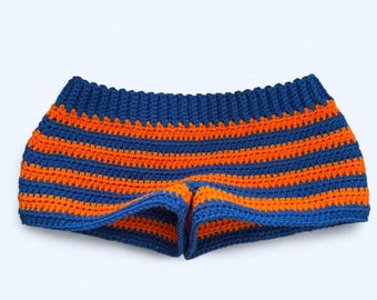 Handmade crochet orange and blue striped low rise micro shorts