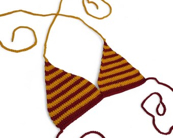Red and gold striped crochet bikini top