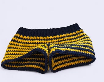 Handmade crochet navy and gold low rise striped micro shorts