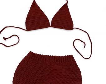 Dark red/burgandy crochet bikini top with matching shorts