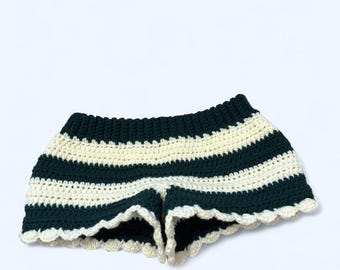 Handmade crochet dark green and white striped shorts with ruffles