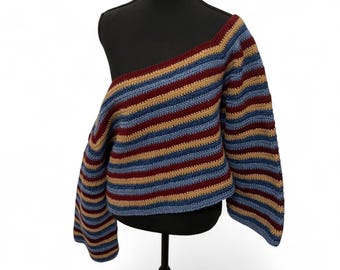 Handmade Crochet Off-Shoulder Sweater, Red Tan Blue Stripes