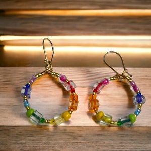 Colorful Beaded hoops, Small hoop earrings, gold filled hoops, statement earrings, seed bead hoops, colorful earrings, gift for friend